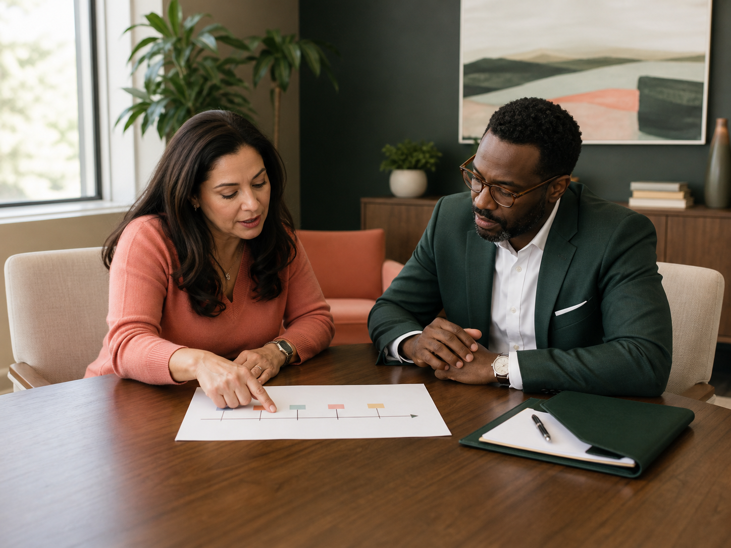 A client and attorney reviewing a simple timeline together