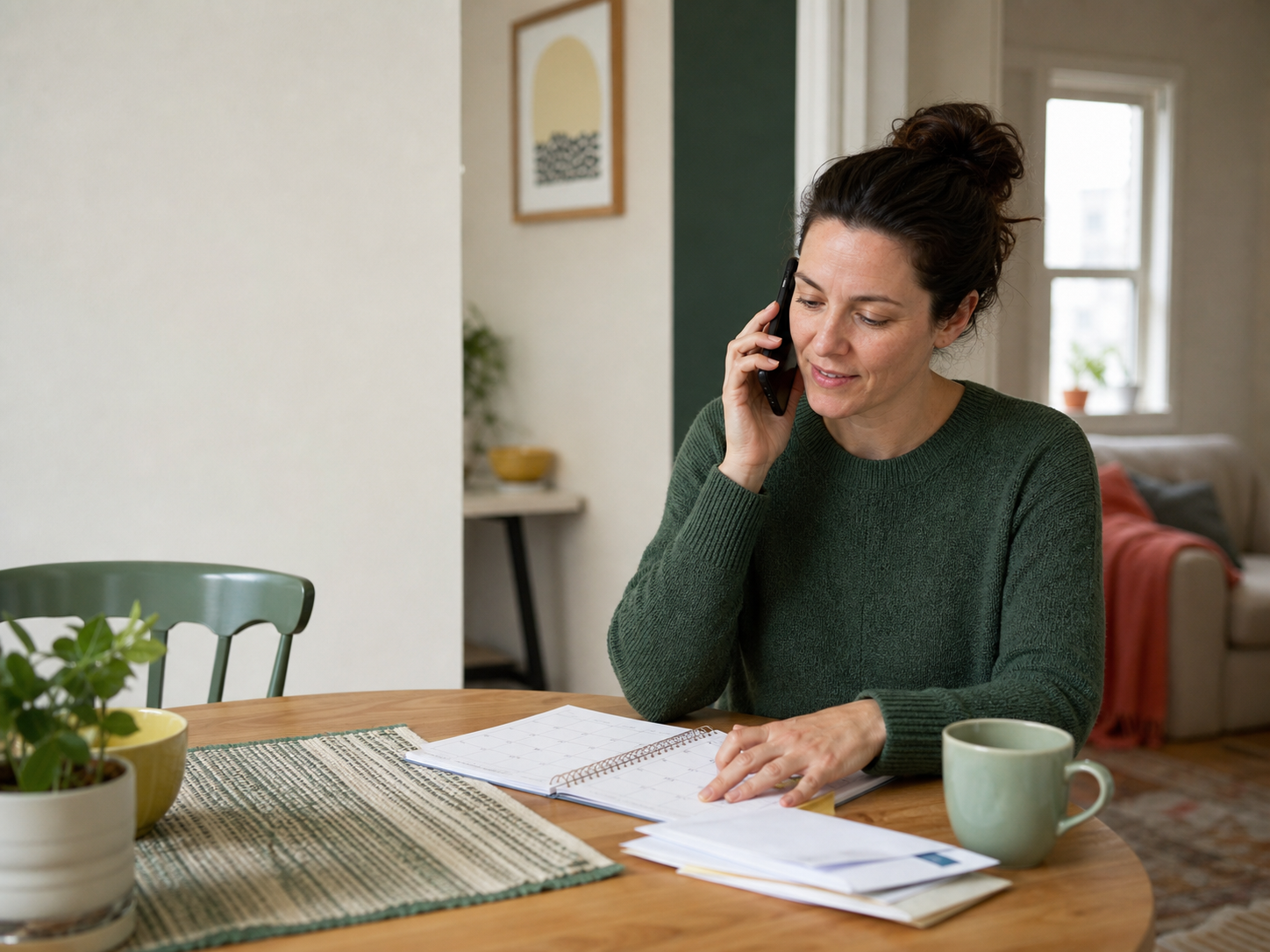 A person calmly reviewing an everyday calendar while speaking by phone at home