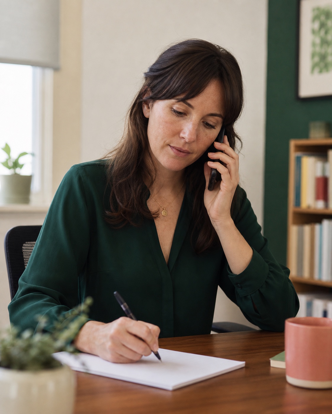 A specialist listening carefully during a private phone call